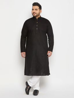 Vastramay - Men's Black And White Cotton Linen Kurta Pyjama