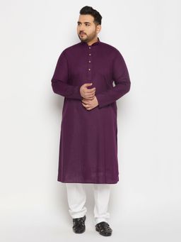Vastramay - Men's Purple And White Cotton Linen Kurta Pyjama