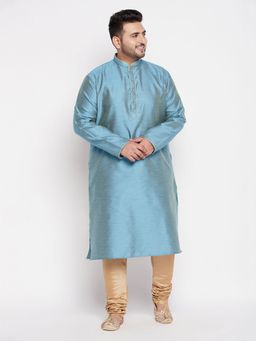 Vastramay - Men's Aqua Blue And Rose Gold Silk Blend Kurta Pyjama