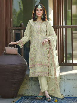 Odette - Green Embroidered Semi-Stitched Kurta with Bottom and Dupatta (Set of 3)