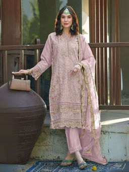 Odette - Pink Embroidered Semi-Stitched Kurta with Bottom and Dupatta (Set of 3)
