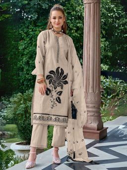 Odette - Beige Floral Semi-Stitched Kurta with Bottom and Dupatta (Set of 3)