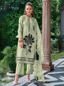 Odette - Green Floral Semi-Stitched Kurta with Bottom and Dupatta (Set of 3)