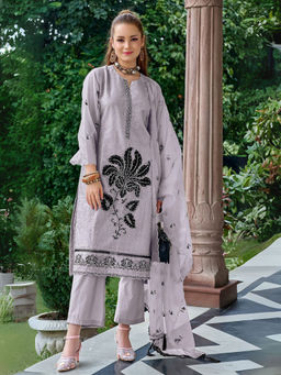 Odette - Lavender Floral Semi-Stitched Kurta with Bottom and Dupatta (Set of 3)