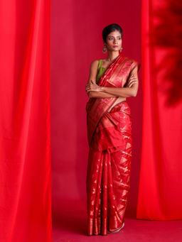 Beatitude - Red Woven Banarasi Saree with Unstitched Blouse