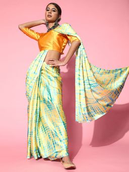 Odette - Women's Crepe Yellow Printed Celebrity Saree with Unstitched Blouse