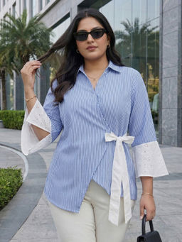 Qurvii - Blue Crepe Stripes Three Fourth Sleeves Collar Neck Top