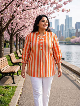 Qurvii - Orange Cotton Stripes Three Fourth Sleeves Mandarin Neck Top