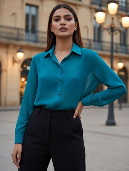 Qurvii - Teal Georgette Solid Full Sleeves Collar Neck Shirt