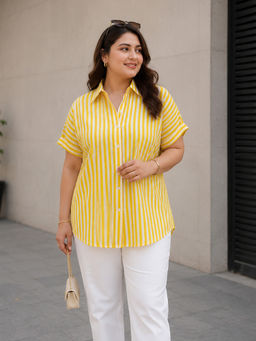 Qurvii - Yellow Cotton Stripes Half Sleeves Collar Neck Shirt