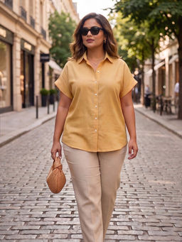 Qurvii - Mustard Linen Solid Half Sleeves Collar Neck Shirt