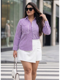 Qurvii - Purple Cotton Stripes Full Sleeves Collar Neck Shirt