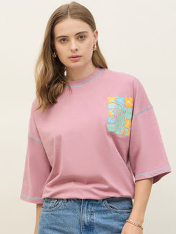 Styli - Pink Floral Embroidered Crew Neck Oversized T-Shirt