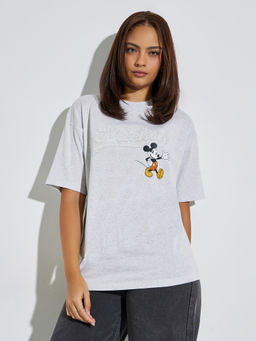 Styli - Women Grey Mickey Mouse Crew Neck Oversized T-Shirt