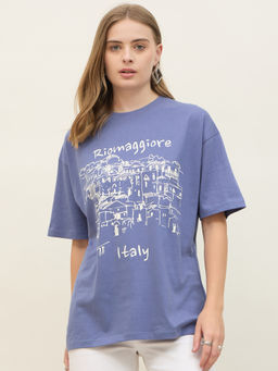 Styli - Women Blue Printed Round Neck Half Sleeves Oversized T-Shirt