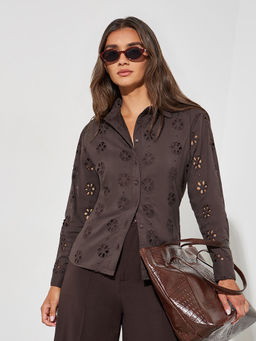 Styli - Brown Cotton Self Design Full Sleeves Collar Neck Shirt