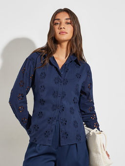 Styli - Navy Blue Cotton Self Design Full Sleeves Collar Neck Shirt