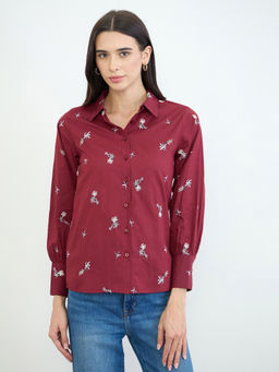 Styli - Burgundy Cotton Embroidered Full Sleeves Collar Neck Shirt
