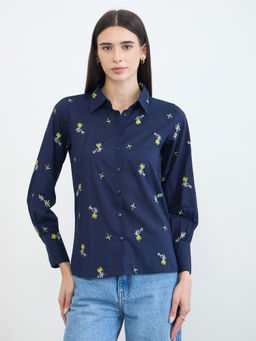 Styli - Navy Blue Cotton Embroidered Full Sleeves Collar Neck Shirt
