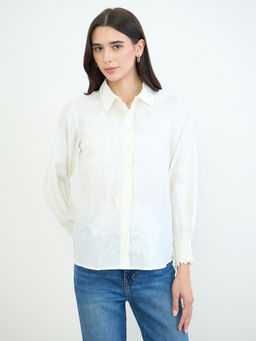 Styli - Off White Cotton Self Design Full Sleeves Collar Neck Shirt
