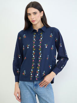 Styli - Navy Blue Cotton Self Design Full Sleeves Collar Neck Shirt