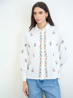 Styli - White Cotton Self Design Full Sleeves Collar Neck Shirt