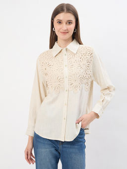 Madame - Embroidery Patchwork Beige Viscose Shirt