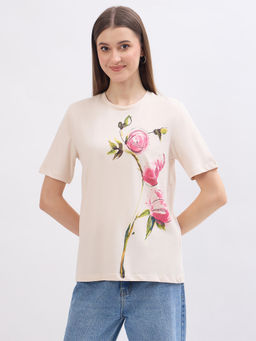 Madame - Printed Beige Cotton T-Shirt