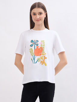 Madame - Floral Print White Cotton T-Shirt