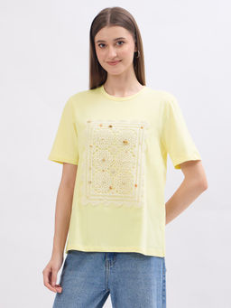 Madame - Thread Embroidery Patchwork Yellow Cotton T-Shirt