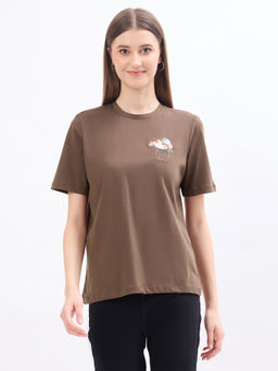 Madame - Embroidery Print Brown Cotton T-Shirt