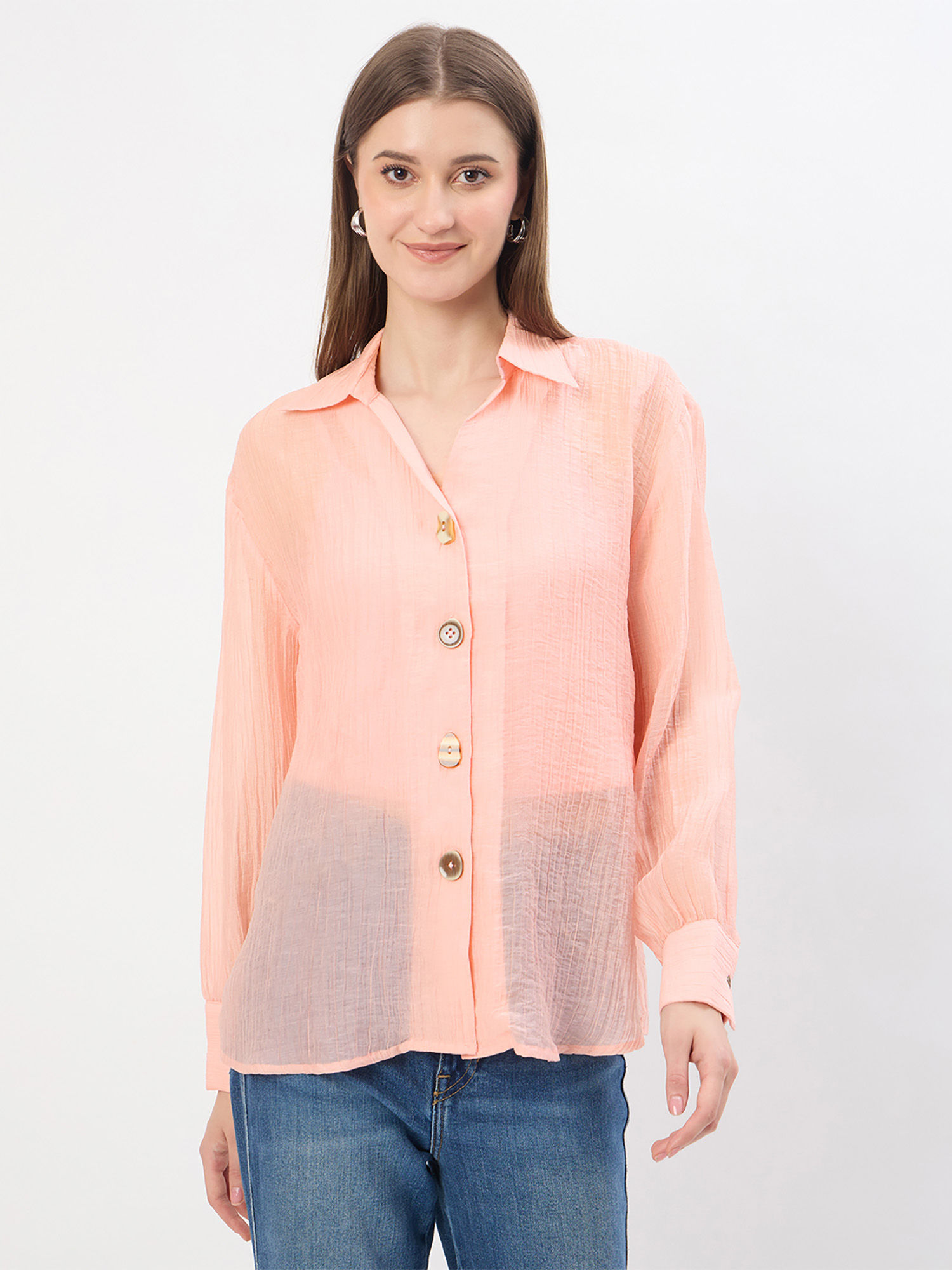 Textured Powder Peach Lyocell Blend Shirt-image-25