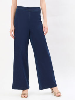 Madame - Blue Cotton Blend Wide Leg Jeans
