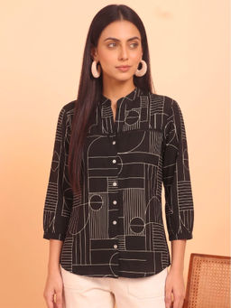 Maaesa - Women Cotton Slub Printed Mandarin Collar Regular Fit Shirt