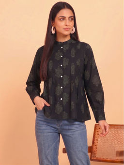 Maaesa - Women Cotton 60S Printed Mandarin Collar Regular Fit Shirt