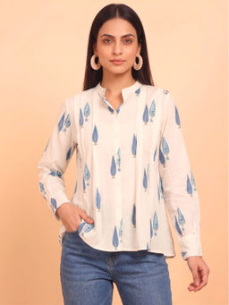 Maaesa - Women Cotton 60S Printed Mandarin Collar Regular Fit Shirt