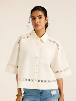 Label Ritu Kumar - Cream Poplin Solid Half Sleeves Collar Neck Shirt