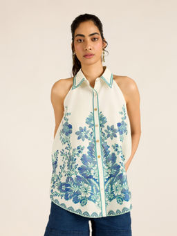 Label Ritu Kumar - White Cotton Blend Printed Sleeveless Collar Neck Shirt