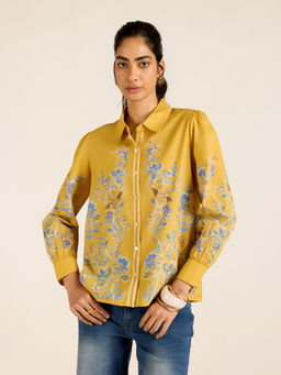 Label Ritu Kumar - Mustard Cotton Printed Full Sleeves Collar Neck Shirt