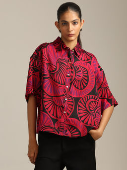 Label Ritu Kumar - Red Satin Printed Half Sleeves Collar Neck Shirt
