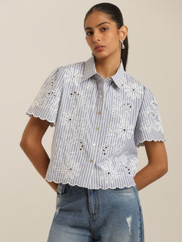 Label Ritu Kumar - Blue Cotton Blend Self Design Half Sleeves Collar Neck Shirt
