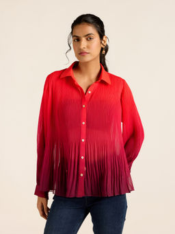 Label Ritu Kumar - Red Polyester Blend Ombre Full Sleeves Collar Neck Shirt