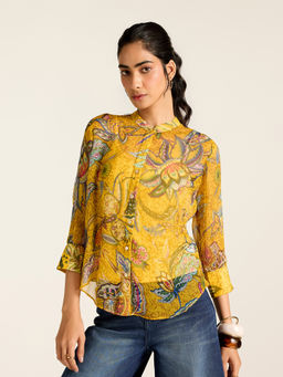 Label Ritu Kumar - Yellow Viscose Blend Printed Mandarin Neck Shirt with Camisole
