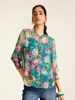 Label Ritu Kumar - Teal Viscose Blend Floral Mandarin Neck Shirt with Camisole