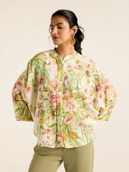 Label Ritu Kumar - Cream Viscose Blend Printed Full Sleeves Mandarin Neck Shirt