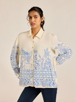Label Ritu Kumar - Cream Viscose Blend Printed Full Sleeves Collar Neck Shirt