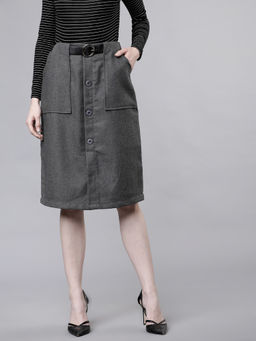 TOKYO TALKIES - Women Charcoal Grey Knee-Length Solid Straight Skirt