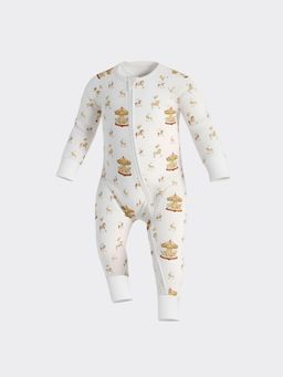 Peachy Accessories - The Plush Club White Bamboo Cotton Full Sleeves Orange Horse Printed Romper