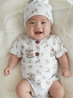 Peachy Accessories - The Plush Club White Bamboo Cotton Blue Horse Printed Onesie