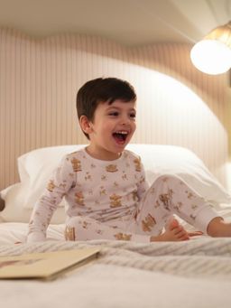 The Plush Club - White Bamboo Cotton Full Sleeves Orange Horse Printed Pajama Set